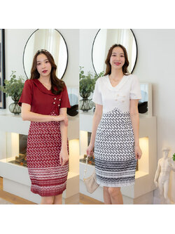 kudapy เดรสสั้นสีแดง/สีขาว กั๊กผ้าไทยลายขอ+แต่งกระดุมมุก 4 ชิ้น