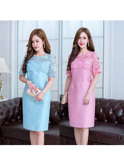 kudapy เดรสสั้นออกงานสีชมพู/สีฟ้า ผ้าลูกไม้เนื้อเงาทอลายแน่นมาก เกรดสวยอย่างดี