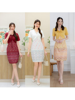 kudapy เดรสสั้นสีแดง/สีขาว/สีเหลือง กั๊กเข้ารูปกระโปรงลายไทย ผ้าใส่สบายสวยดูดี