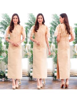 kudapy ชุดเซตออกงานสีเหลืองทอง คอปีน แขนพอง เอวทรงปล่อย แมทกับกระโปรงผ้าไหมจีบข้าง ซิบหลังอย่างดี