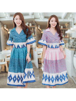 kudapy เดรสสั้นผ้าไทยคอปกลายสี่เหลี่ยมเพชรสีเขียว/สีชมพู แขนสั้นระบายชาย มีซับใน ซิบหลังค่ะ