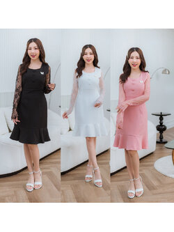 kudapy เดรสสั้นสีดำ/สีชมพู/สีขาว แขนยาวชีฟอง เนื้อเดรสผ้าเรียบ ติดเข็มกลัดผีเสื้อ เรียบร้อย อ่อนหวานมากก