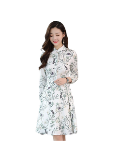 kudapy เดรสสั้นคอปกพื้นสีขาวพิมพ์ลายสีเขียวตามแบบ เดรสแขนยาวใส่ทำงาน ทรงบาน กระดุมหน้า