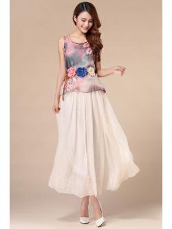 kudapy เซ็ตเสื้อแขนกุด+กระโปรงยาวผ้าชีฟองสีครีม พร้อมเข็มขัดเหมือนแบบ