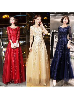 kudapy เดรสยาว ชุดราตรียาวสีแดง/สีครีมทอง/สีน้ำเงิน เดรสออกงานปักลายใบไม้แขนสามส่วน กระโปรงทรงหางปลา เรียบหรูดูแพง สวยดูดี แบบสวยทันสมัย ใส่ออกงาน