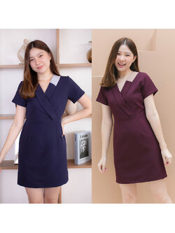 kudapy เดรสสั้นสีแดงเข้ม/สีกรม /สีชมพูเข้ม คอแหลมแขนสั้น ดีไซน์คอปกในตัว ตัดต่อเล่นสีทูโทน สวยเก๋ไม่ซ้ำใคร ทรงสวยเข้ารูป