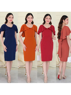 kudapy เดรสสั้นสีแดง/สีกรมท่า/สีส้มอิฐ /สีชาไทย คอวี ระบายบ่าไล่ระดับ พรางแขนทรงสุภาพ ใส่ได้หลายโอกาส