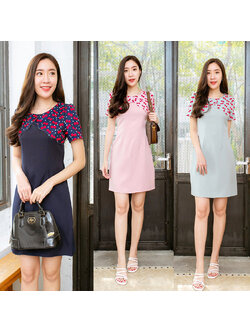 kudapy เดรสสั้นไหล่แต่งลายดอกสีเขียว/สีชมพู/สีกรม คอกลมลายเชอรี่ใสดูดีน่ารักมากๆ
