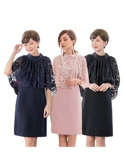 kudapy เดรสออกงานสีชมพู/สีดำ/สีกรมท่า ผ้าทวิลเกาหลี ดีไซน์ลูกไม้คลุมไหล่ แพทเทิร์นทรงตรง ผ่าหลัง ซิปซ่อนด้านหลัง มีซับในตัว