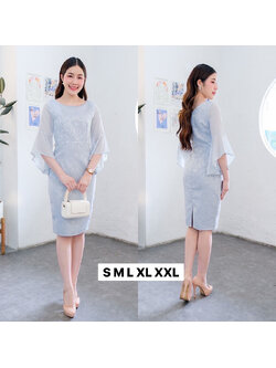 kudapy เดรสสั้นสีฟ้าอ่อน ชุดเดรสลายผ้าสวย แต่งแขนผ้ามุ้งเบาบางใส่สบาย สวยดูดีมาก