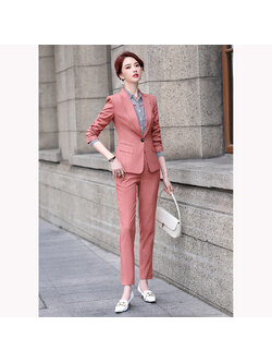 kudapy ชุดสูททำงานผู้หญิงสีแดง อมชมพูลายทางปกป้านพร้อมกางเกง