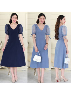 kudapy เดรสสั้นสีฟ้าอมเทา/สีกรมท่า ไปงานคอวี แขนตุ๊กตาผ้าแก้ว แต่งโบว์แขนเล็ เอวสูง ชายปล่อบทรง สำเนา