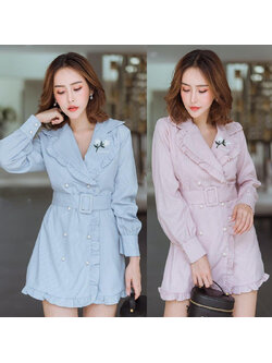 kudapy จั้มสูทลายสก๊อต ผ้าลายในตัว สีลูกกวาด ทบหน้า แต่งระบาย ปกปักดอกไม้ ชายขลิบระบาย มาพร้อมเข็มขัดเข้าเซ็ต