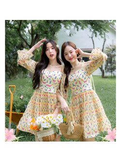 kudapy เดรสสั้นสีเหลือง กระโปรงสั้นเปิดไหล่ ลายดอกสวยน่ารัก