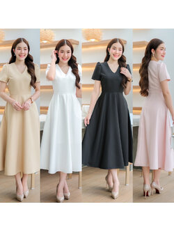 kudapy เดรสยาวสีขาว ดำ ชมพูพาสเทล ทอง แขนสั้น คอวี คัตติ้งเริศแบบอลัง เข้ารูป เก็บทรง เข้ารูป เก็บทรง ผ้าpolyester