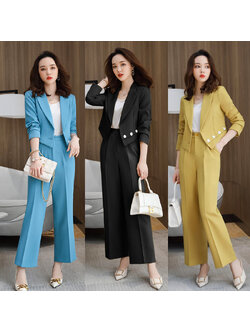 kudapy ชุดสูททำงานผู้หญิงสีฟ้า/สีเหลือง/สีดำ แต่งกระดุมทรงสั้นพร้อมกางเกง