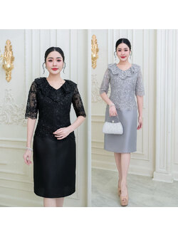 kudapy เดรสสั้นสีดำ/สีเทา ผ้าไหมส ดีไซน์ด้านบนเป็นผ้าลูกไม้ใยบวบลายสวย ช่วงคอเสื้อเป็นคอวีแต่งระบายรอบคอ