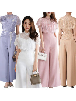 kudapy เซท 2ชิ้น เสื้อลูกไม้+กางเกงขายาว สีขาว/สีชมพู/สีฟ้า/สีทอง แต่งระบายอก