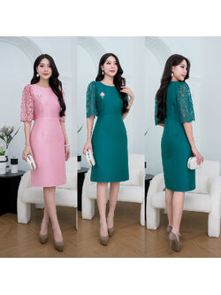 kudapy เดรสสั้นสีชมพู/สีเขียว ผ้าไหมญี่ปุ่นดีไซน์เรียบหรู ช่วงแขน แขนทรงกระบอกใหญ่ใช้ผ้าลูกไม้เงาทอลายดอกไม้ มีซับในและแต่งซิปหลัง