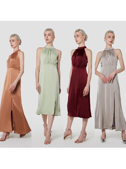 kudapy เดรสยาวสีแดงไวน์/สีเขียว/สีคาราเมล/สีเชมเปญ คอกลมเปิดไหล่ กระโปรงผ่าหน้า ใส่ออกงานสวยดูดี