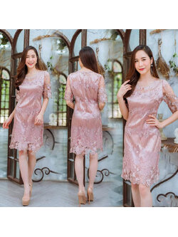 kudapy ชุดเดรสไปงานผ้าไหมเนื้อเงาสีชมพูโรสโกลด์ เดรสสั้นลูกไม้ลายนูน งานซับใน ซิบหลังอย่างดี