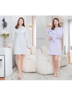 kudapy เดรสสั้นคอวีสีชมพูฟ้า,สีฟ้าเหลือง ทรง Blazer กระดุมหน้า ผ้าเซียร์ซัคเกอร์ลายทาง ช่วงไหล่จับจีบ ทรงแขนยาว ปลายแขนแต่งระบาย เล่นดีเทลตีเกล็ด