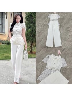 kudapy เซตเสื้อลูกไม้สีขาวคอปก+กางเกงขายาวทรงกระบอกสีขาว