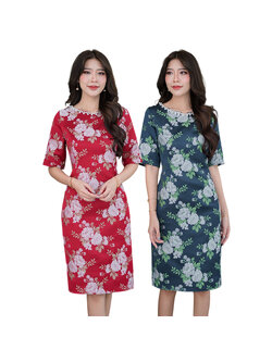 kudapy เดรสสั้นผ้าไหมทอลาย สีกรมท่า สีแดง เดรสคอกลม แขนสั้น ทรงเอเข้ารูป มีซับในซิบหลัง งานสวยหรูมากค่ะ