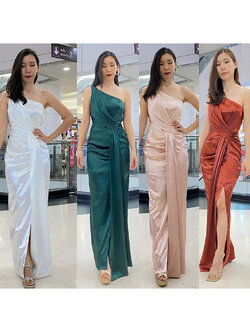 kudapy เดรสยาวสีขาว/สีเขียว/สีทอง โรสโกล์ด /สีคอปเปอร์ บ่าเดี่ยว จับเดรปจีบช่วงเอว ทรงกรีกงามๆ จัดเดรปผ้าช่วงเอวทิ้งตัวสวย sexy เรียบหรู ผู้ดีสุดๆ