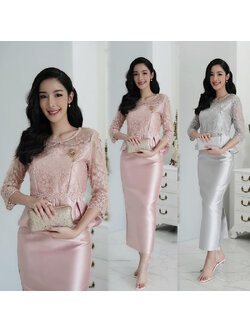 kudapy ชุดเซ็ทสีเทาเงิน/สีโรส์ดโกล ผ้าไหมญี่ปุ่น ผ้าหนาเงา เสื้อลูกไม้ใยบวบ เอวระบายคอกลม