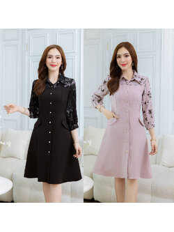 kudapy เดรสสั้นสีดำ/สีชมพู คอปกกระดุมหน้า สวยเรียบแต่ดูดี เป็นเดรสคอปกตัดต่อผ้าลายดอก โทนสีเดียวกัน