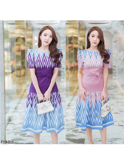 kudapy เดรสสั้นผ้าไทยคอกลมกว้างสีม่วง/สีชมพู สายรัดเอวลายไทยใส่สบายสวยดูดี
