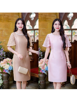 kudapy เดรสสั้นสีน้ำตาลทอง/สีชมพูอ่อน ผ้าไหมญี่ปุ่น แต่งแขนระบาย ผ้าลูกไม้ใยบวบดอกลอย ทอลายดอกไม้ ช่วงแขนทรงสวย