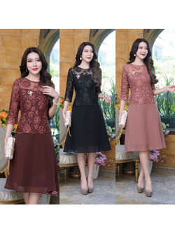 kudapy เดรสสั้นสีน้ำตาลแดง/สดำ/สีน้ำตาลโอวัลติน ลูกไม้ปักผ้าเกรดพรีเมี่ยม งานดีไซน์แขนห้าส่วน กระโปรงบานพริ้วเนื้อผ้า chiffon เบาสบาย