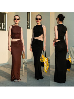 kudapy set สีน้ำตาล/สีดำ แขนกุดมัดข้าง+กระโปรงยาวมัดข้าง