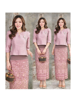 kudapy เซ็ท2ชิ้น เสื้อผ้าไหม+ผ้าถุงทอลายสีชมพูกะปิ ชุดไทยประยุกต์ไหมรังขาว ให้ลุคส์ เรียบหรู สง่างาม แต่งคู่กางเกงหรือผ้าถุง ก็เข้าลงตัว