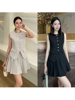 kudapy ชุดเซ็ทสีดำ/สีเทา/สีขียว/สีชมพู เสื้อแขนกุด+กระโปรง set เสื้อแขนกุด แต่งกระดุมจริงด้านหน้า