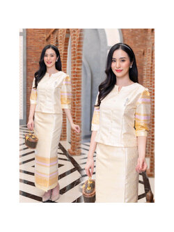 kudapy เซ็ทกวินตราสีครีมทอง ผ้าไหมกวินตาทอลายสอดดิ้นทองอัดกาวทั้งชุด สีครีมหวานให้ลุคผู้ดี ดูสง่า