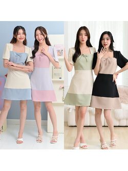 kudapy เดรสแขนสั้นดีไซน์คอเหลี่ยม เล่นสีทูโทนรอบอกและชายกระโปรง แต่งเชือกโบว์เล็กๆเพิ่มความน่ารัก