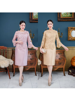 kudapy เดรสสั้นสีทองอ่อน/สีชมพูอ่อน ผ้าไหม รอบคอแต่งลูกไม้ งานสวยมีซับในทั้งชุด แต่งซิปด้านหลัง