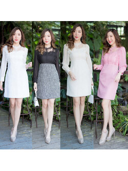 kudapy เดรสสั้นสีขาว/สีชมพู/สีครีม/สีดำ แขนยาวชีฟองอกระบายลูกไม้ ใส่สบายสวยดูดี