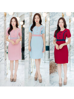 kudapy เดรสสั้นสีแดง/สีชมพู/สีฟ้า ทำงานคอกลมแขนตุ๊กตา ใส่สบายสวยดูดี