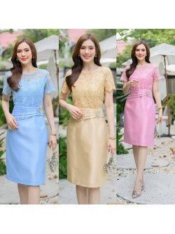 kudapy เดรสสั้นสีฟ้า/สีชมพู/สีทอง ผ้าไหมจิตลดาอัดกาว ตัวเสื้อบนแต่งลูกปัดวิ้งๆ แขนสั้นไม่มีซับใน ตัวชุดมีซับใน ชิปซ่อนหลัง กระโปรงผ่าหลัง ช่วงเอวแต่งคาดเอวดีไซด์เก๋