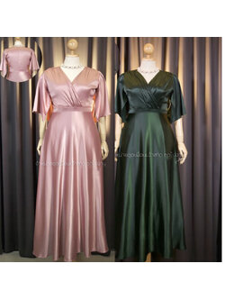 kudapy เดรสยาวสีชมพู/สีเขียว คอวี แขนทรงระฆังพริ้วๆ พรางแขน พรางสะโพก ทรงสุภาพ ซิปหลังใส่ง่าย เนื้อผ้าใส่สบายมาก