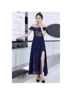 kudapy ชุดเดรสยาวสีน้ำเงิน สวยเรียบหรูกระโปรงแหวกดูทันสมัย