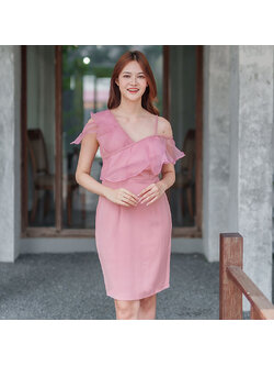 kudapy เดรสสั้นสีชมพู เดรสสั้นแต่งระบายผ้าไหมแก้ว แบบน่ารัก สวยๆ เรียบหรูดูแพง ชุดราตรี ชุดไปงานแต่งงาน ชุดออกงาน