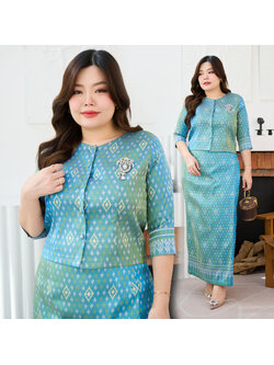 kudapy เซ็ตเสื้อผ้าไหมสีเขียวน้ำทะเล ชุดไทยเรือนต้น คอกลม แขนสามส่วน ลายจันทร์วาด