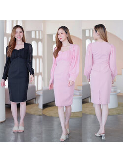 kudapy เดรสสั้นสีชมพู/สีดำ คอหัวใจแขนยาว ใส่สบายสวยดูดีออกงานสวยสุดๆ