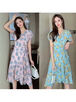 kudapy ชุดเดรสสีฟ้าอมเขียว,สีชมพู ใส่ทำงาน ผ้าชีฟองพื้น พิมพ์ลายดอกกุหลาบ