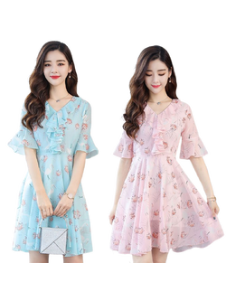 kudapy เดรสสั้นผ้าชีฟองคอวีสีฟ้า/สีชมพู แขนกระดิ่ง ผ้าทิ้งตัว มีซับในใส่สบายมากค่ะ